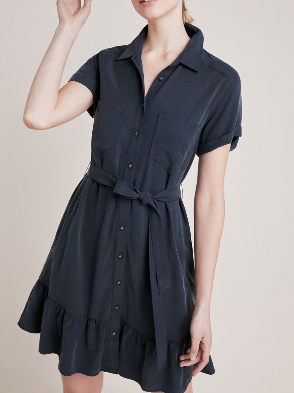 PAIGE x Anthropologie Black Button-Front Short Sleeve Ruffle-Hem Dress Medium